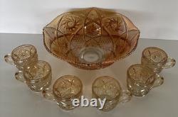 Marigold Imperial Glass Punch Bowl Whirling Star And 6 Glasses Gorgeous Vintage