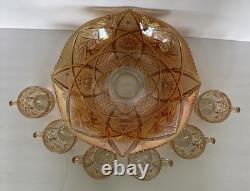 Marigold Imperial Glass Punch Bowl Whirling Star And 6 Glasses Gorgeous Vintage