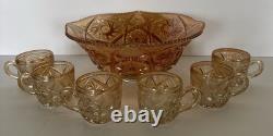 Marigold Imperial Glass Punch Bowl Whirling Star And 6 Glasses Gorgeous Vintage