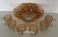 Marigold Imperial Glass Punch Bowl Whirling Star And 6 Glasses Gorgeous Vintage