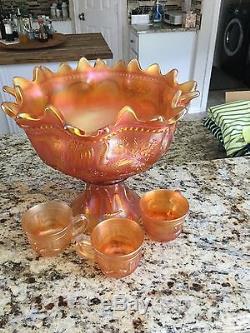 Marigold Peacock at the Fountain Carnival Glass Punch Bowl & 3 cups, Pretty, NR
