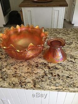 Marigold Peacock at the Fountain Carnival Glass Punch Bowl & 3 cups, Pretty, NR