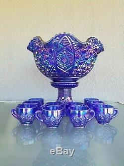 Massive 15 Blue Carnival Glass Punch Bowl on Pedestal set