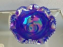 Massive 15 Blue Carnival Glass Punch Bowl on Pedestal set