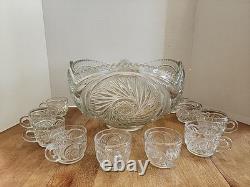 McKee Glass Aztec Pinwheel Pattern Punch Bowl with 10 Punch Cups