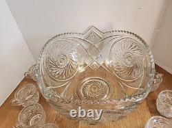 McKee Glass Aztec Pinwheel Pattern Punch Bowl with 10 Punch Cups