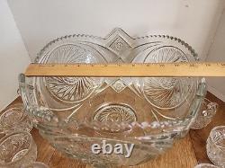 McKee Glass Aztec Pinwheel Pattern Punch Bowl with 10 Punch Cups
