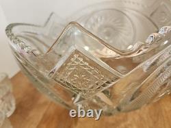 McKee Glass Aztec Pinwheel Pattern Punch Bowl with 10 Punch Cups