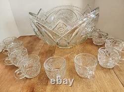 McKee Glass Aztec Pinwheel Pattern Punch Bowl with 10 Punch Cups