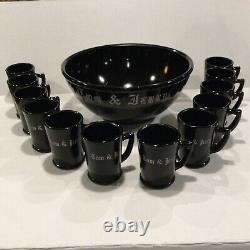McKee Glass Black Tom and Jerry Punch Bowl and 12 Mugs
