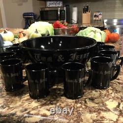 McKee Glass Black Tom and Jerry Punch Bowl and 12 Mugs