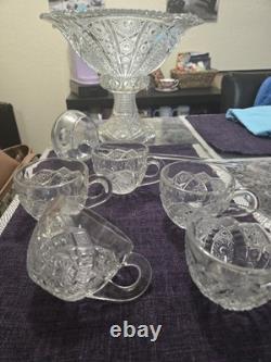 McKee Glass Concord Clear Glass Pedestal Punch Bowl Set 5 Cups, Stand, & Ladel