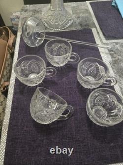 McKee Glass Concord Clear Glass Pedestal Punch Bowl Set 5 Cups, Stand, & Ladel