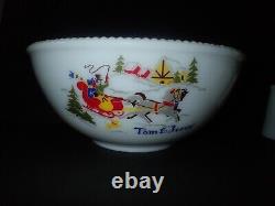 McKee Tom Jerry Milk Glass Egg Nog Punch Bowl Set 6 Mugs Red White Sleigh Ride
