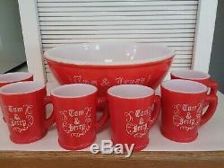 McKee Tom & Jerry Punch Bowl 6 Mugs Milk Glass Set RARE Red