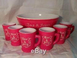 McKee Tom & Jerry Punch Bowl 6 Mugs Milk Glass Set RARE Red