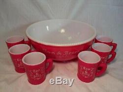 McKee Tom & Jerry Punch Bowl 6 Mugs Milk Glass Set RARE Red