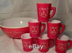 McKee Tom & Jerry Punch Bowl 6 Mugs Milk Glass Set RARE Red