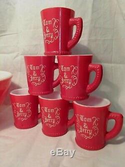 McKee Tom & Jerry Punch Bowl 6 Mugs Milk Glass Set RARE Red