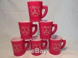 McKee Tom & Jerry Punch Bowl 6 Mugs Milk Glass Set RARE Red