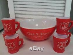 McKee Tom & Jerry Punch Bowl 6 Mugs Milk Glass Set RARE Red