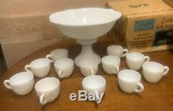 McKee Vintage White Milk Glass Punch Bowl Set Concord Early American With Box