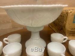 McKee Vintage White Milk Glass Punch Bowl Set Concord Early American With Box