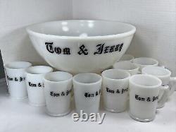 Mckee Tom Jerry Glass Holiday Punch Bowl Set 10 Mugs Black White Egg Nog