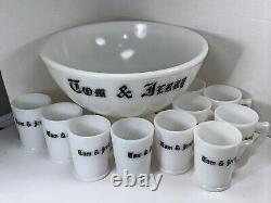 Mckee Tom Jerry Glass Holiday Punch Bowl Set 10 Mugs Black White Egg Nog