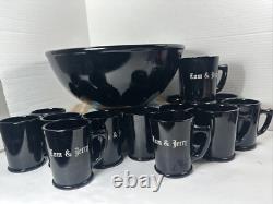 Mckee Tom Jerry Glass Holiday Punch Bowl Set 15 Mugs Black Halloween