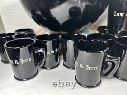 Mckee Tom Jerry Glass Holiday Punch Bowl Set 15 Mugs Black Halloween