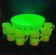 Mckee Uranium Glass Tom & Jerry Punch Bowl Set With 6 Mugs, Black Letters. Nice