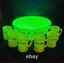 Mckee Uranium Glass Tom & Jerry Punch Bowl Set With 6 Mugs, Black Letters. Nice