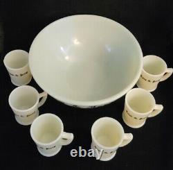 Mckee Uranium Glass Tom & Jerry Punch Bowl Set With 6 Mugs, Black Letters. Nice