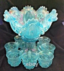 Memphis Northwood ICE BLUE Carnival Glass PUNCH Bowl 9 piece Set