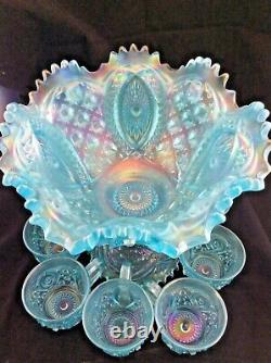 Memphis Northwood ICE BLUE Carnival Glass PUNCH Bowl 9 piece Set