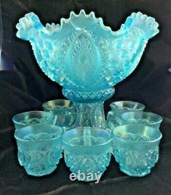 Memphis Northwood ICE BLUE Carnival Glass PUNCH Bowl 9 piece Set