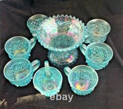 Memphis Northwood ICE BLUE Carnival Glass PUNCH Bowl 9 piece Set
