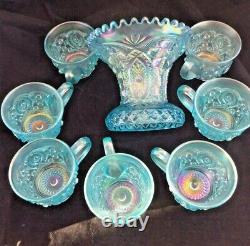 Memphis Northwood ICE BLUE Carnival Glass PUNCH Bowl 9 piece Set