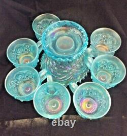 Memphis Northwood ICE BLUE Carnival Glass PUNCH Bowl 9 piece Set