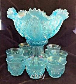 Memphis Northwood ICE BLUE Carnival Glass PUNCH Bowl 9 piece Set