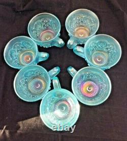 Memphis Northwood ICE BLUE Carnival Glass PUNCH Bowl 9 piece Set