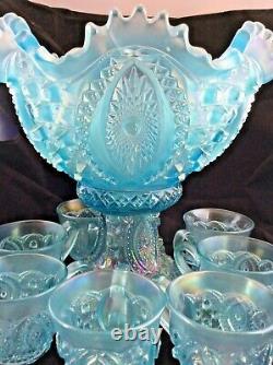 Memphis Northwood ICE BLUE Carnival Glass PUNCH Bowl 9 piece Set