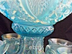 Memphis Northwood ICE BLUE Carnival Glass PUNCH Bowl 9 piece Set