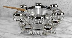 Mid-Century Chrome Lined Punch Bowl & Glasses Serving Set