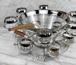 Mid-Century Chrome Lined Punch Bowl & Glasses Serving Set