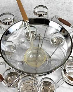 Mid-Century Chrome Lined Punch Bowl & Glasses Serving Set