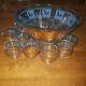 Mid Century Colony Glass Carousel Horse Punch Bowl Set Gold Blue 15 Glasses mcm