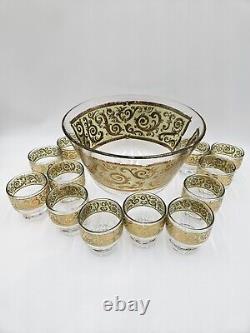 Mid Century Culver Glass Toledo Punch Bowl With 12 Cups Gold Vintage Set