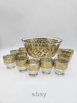 Mid Century Culver Glass Toledo Punch Bowl With 12 Cups Gold Vintage Set